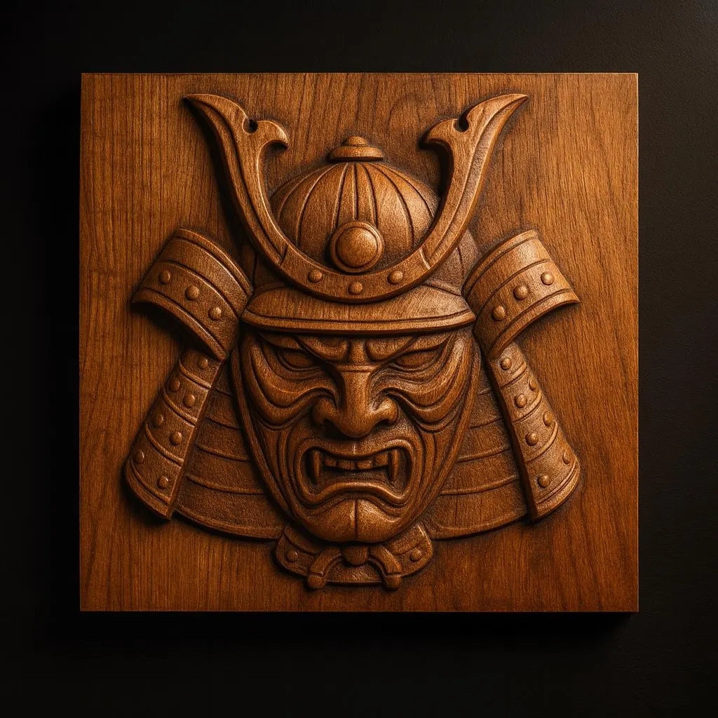 The Samurai Mask CNC Relief STL File by Form Arcade features a detailed samurai mask with an ornate helmet, perfect for creating unique CNC wall art or woodworking projects.