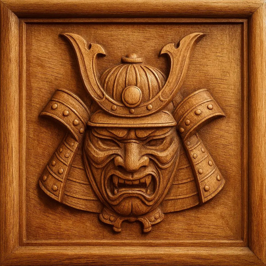 The Samurai Mask CNC Relief STL File by Form Arcade features a detailed samurai mask with ornate helmet and armor, set in a square frame—ideal for CNC wall art and woodworking projects.