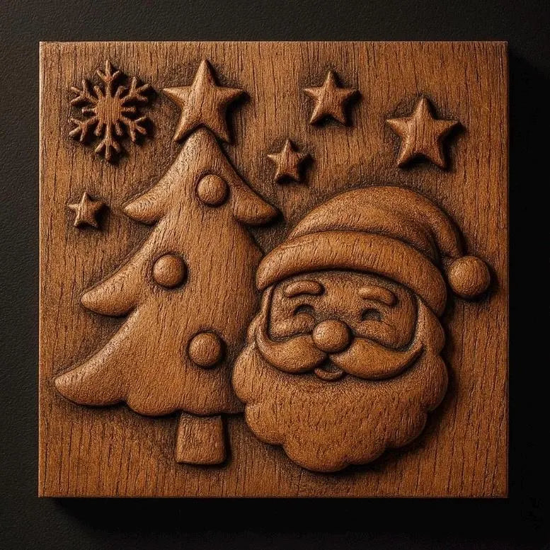 Wood carved Santa Claus and Christmas tree relief panel with stars and festive elements, designed for CNC carving with strong depth contrast and clean toolpath flow.