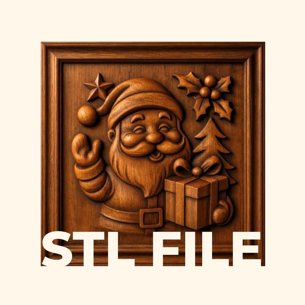 Bring festive cheer to your holiday projects with the Santa Claus Gift CNC Relief STL File | Christmas CNC Wall Art from Form Arcade. This wooden-relief style design features Santa Claus holding a gift and waving, with a Christmas tree and holly leaves in the background. Ideal for CNC relief carving, this STL file adds seasonal charm to your decorative creations.