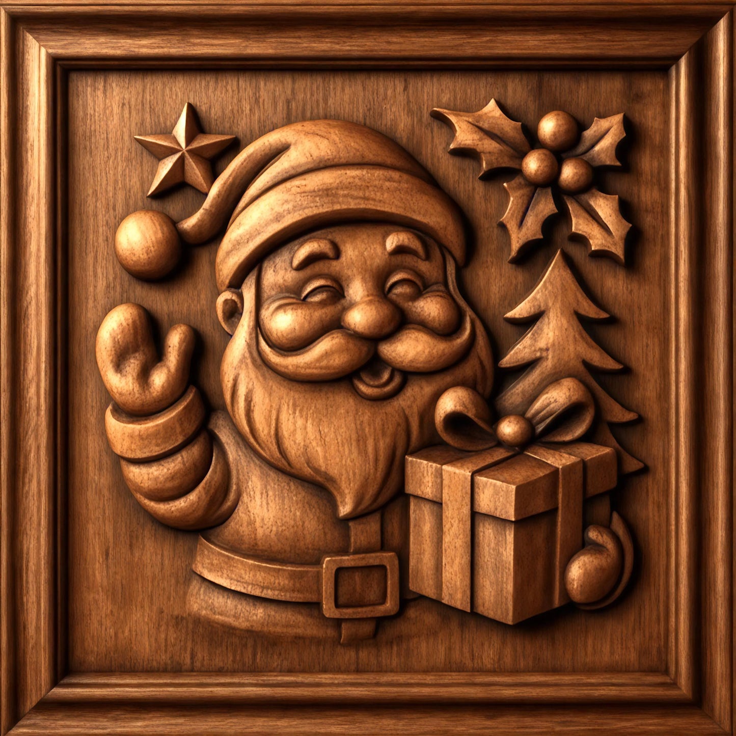 Detailed wood carved Santa Claus holding a gift with holly and tree elements, designed for smooth CNC carving and strong visual depth.