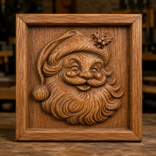 The “Santa Portrait Relief STL File | Christmas CNC Wall Art” by Form Arcade features a square wooden plaque design depicting a smiling Santa Claus with a curly beard and holly-adorned hat, intricately carved in relief. Perfect for woodworking projects, this CNC-ready wall art adds festive charm to any wooden surface.