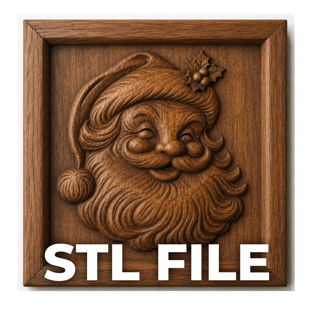 The Form Arcade Santa Portrait Relief STL File features a carved wooden Santa face inside a square frame, ideal for CNC carving or 3D printing, and titled "Santa Portrait Relief STL File | Christmas CNC Wall Art.
