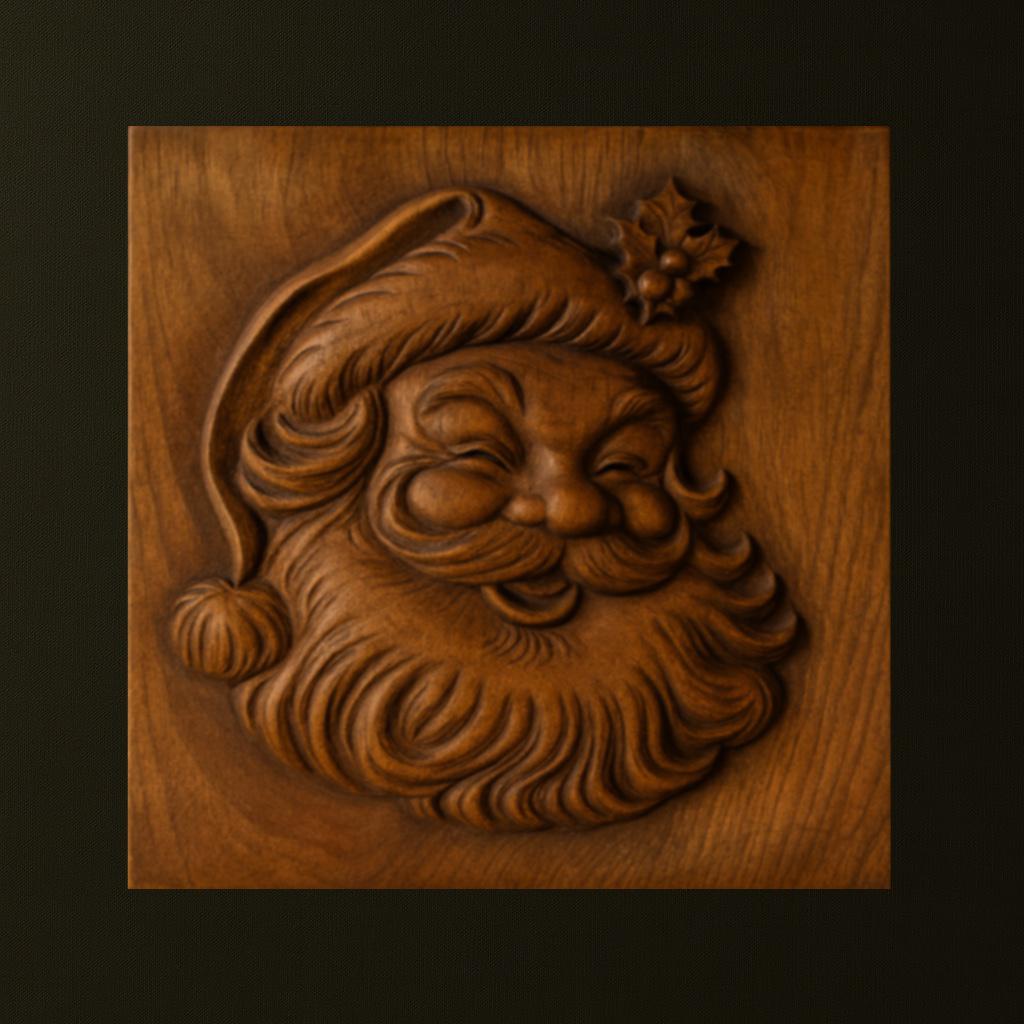 The Santa Portrait Relief STL File by Form Arcade shows a smiling, bushy-bearded Santa in a holly hat on a dark background—ideal for Christmas CNC wall art or 3D printing projects.