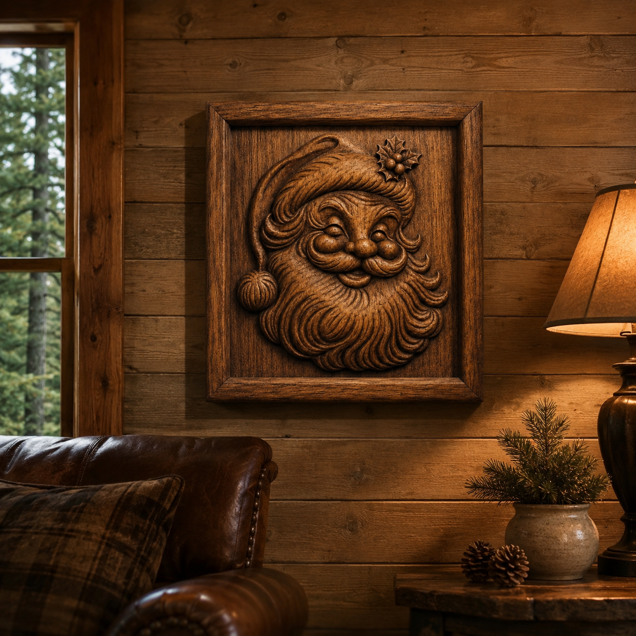 The Santa Portrait Relief STL File | Christmas CNC Wall Art by Form Arcade hangs on a wooden wall in a cozy room—ideal for CNC carving or 3D printing projects.