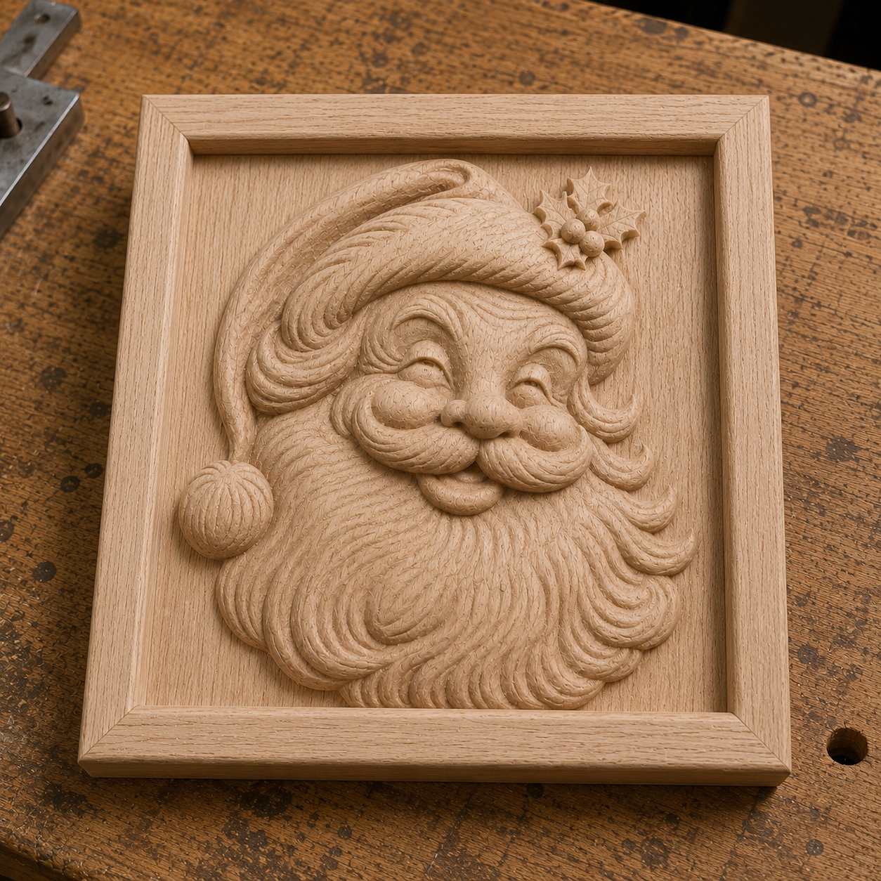 The Santa Portrait Relief STL File by Form Arcade features a CNC-ready design of Santa’s smiling face in a classic hat, framed in wood—perfect Christmas wall art for unique holiday projects.