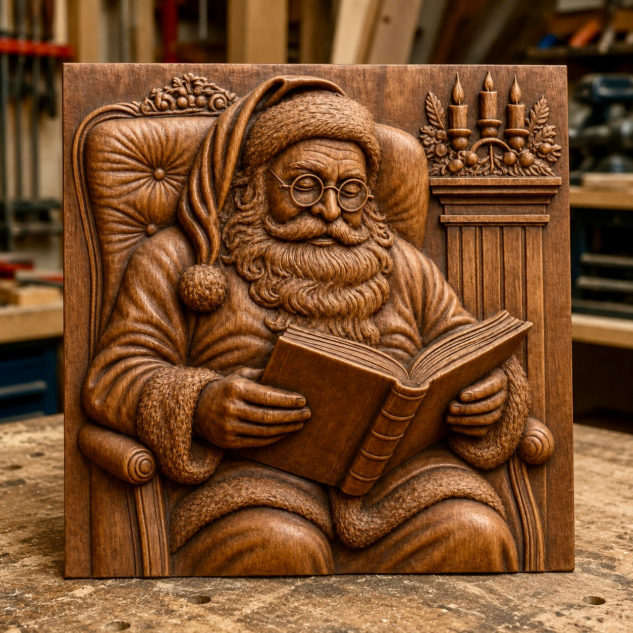 Bring the magic of the holidays to your projects with Form Arcade's "Santa Reading Story CNC Relief STL File | Christmas CNC Wall Art." This detailed design features Santa Claus seated in a cozy wood workshop, engrossed in a book with candles on a stand in the background—perfect for woodworking or CNC relief carving enthusiasts.