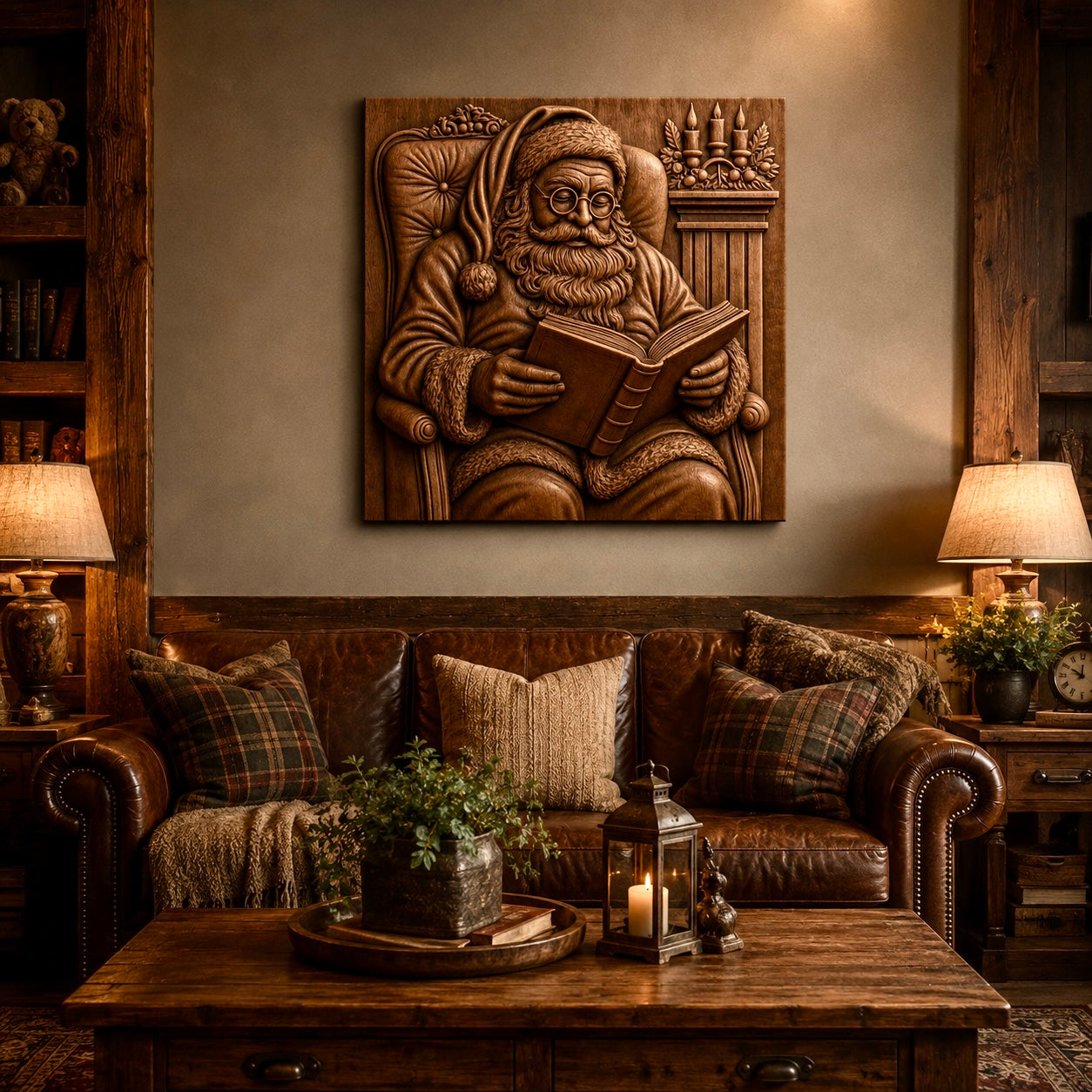 A cozy living room features a leather sofa, plaid pillows, a wooden table, warm lamps, and a wall-mounted Santa Reading Story CNC Relief from Form Arcade—a festive Christmas CNC Wall Art STL file that shows Santa Claus reading a book. Plants and candles contribute to the rustic, inviting atmosphere.