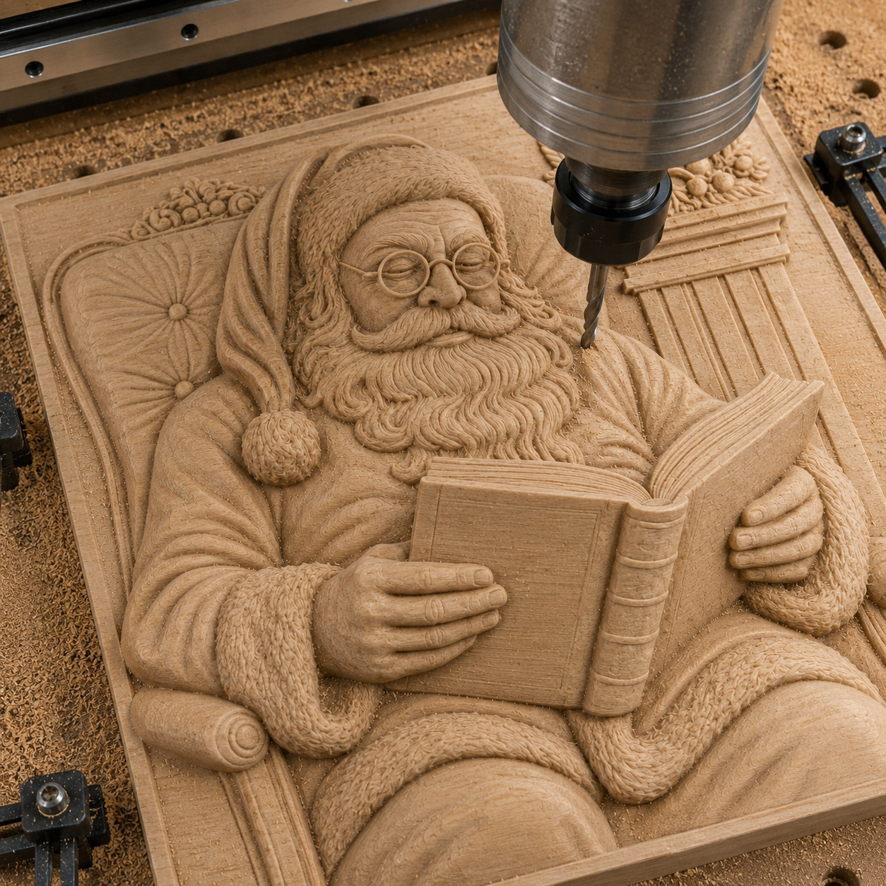The "Santa Reading Story CNC Relief STL File" by Form Arcade is a detailed Christmas CNC wall art design, featuring Santa Claus reading a book in an armchair with finely crafted textures in his beard, glasses, clothing, and the background—ideal for adding a unique touch to woodworking projects.