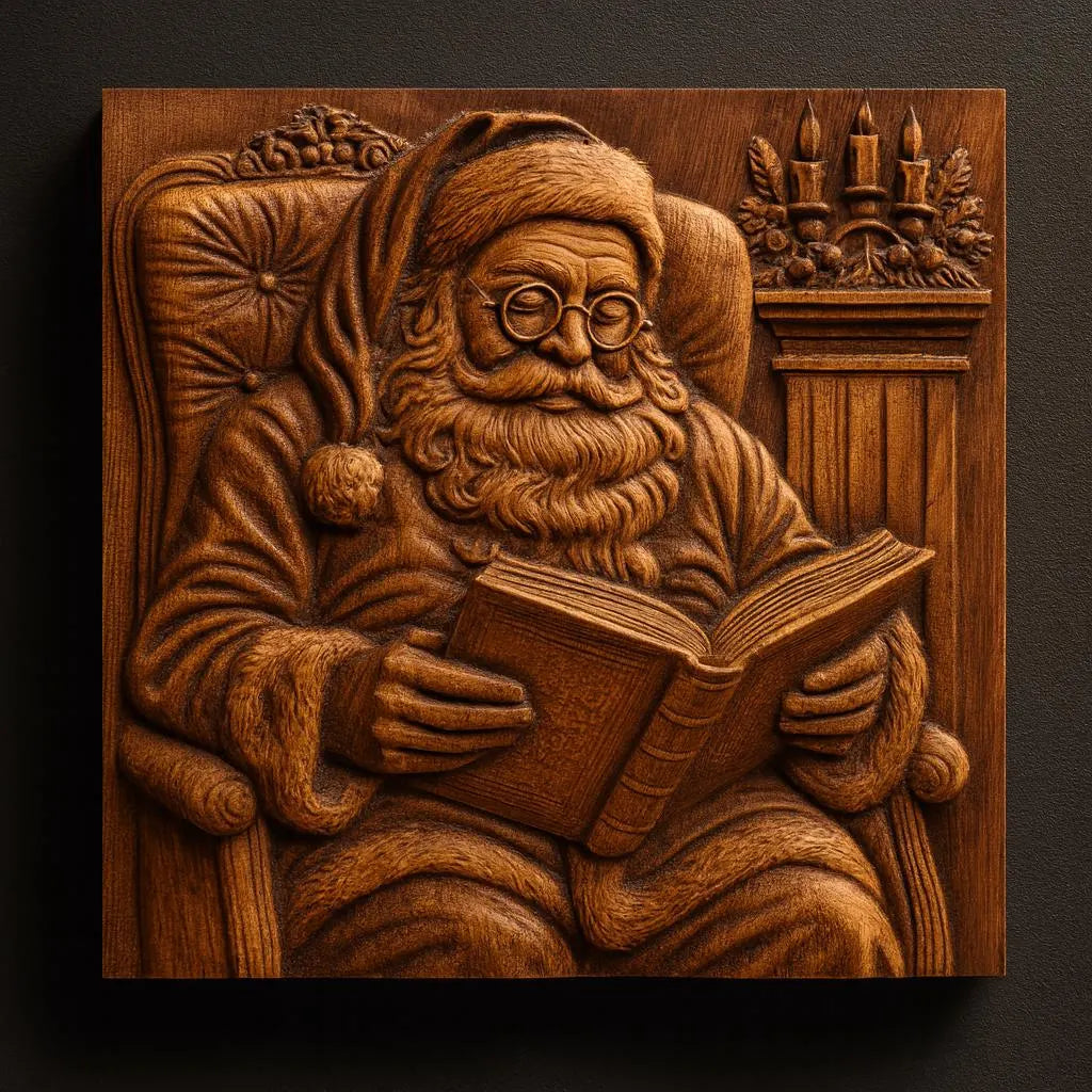 Experience the magic of the holidays with the Santa Reading Story CNC Relief STL File by Form Arcade—a stunning wooden carving design featuring Santa Claus reading a book in an armchair, with a candleholder behind him. This Christmas CNC Wall Art file beautifully details Santa’s iconic hat, glasses, and flowing beard, all intricately etched for an eye-catching festive display.