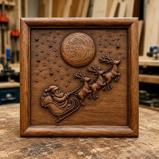The Santa Sleigh Reindeer CNC Relief STL File by Form Arcade features a framed wooden carving of Santa in a sleigh pulled by three reindeer, soaring past a large moon with stars scattered across the night sky. Displayed on a workbench in a woodworking shop, this Christmas CNC wall art makes for an inspiring example of festive woodworking projects.