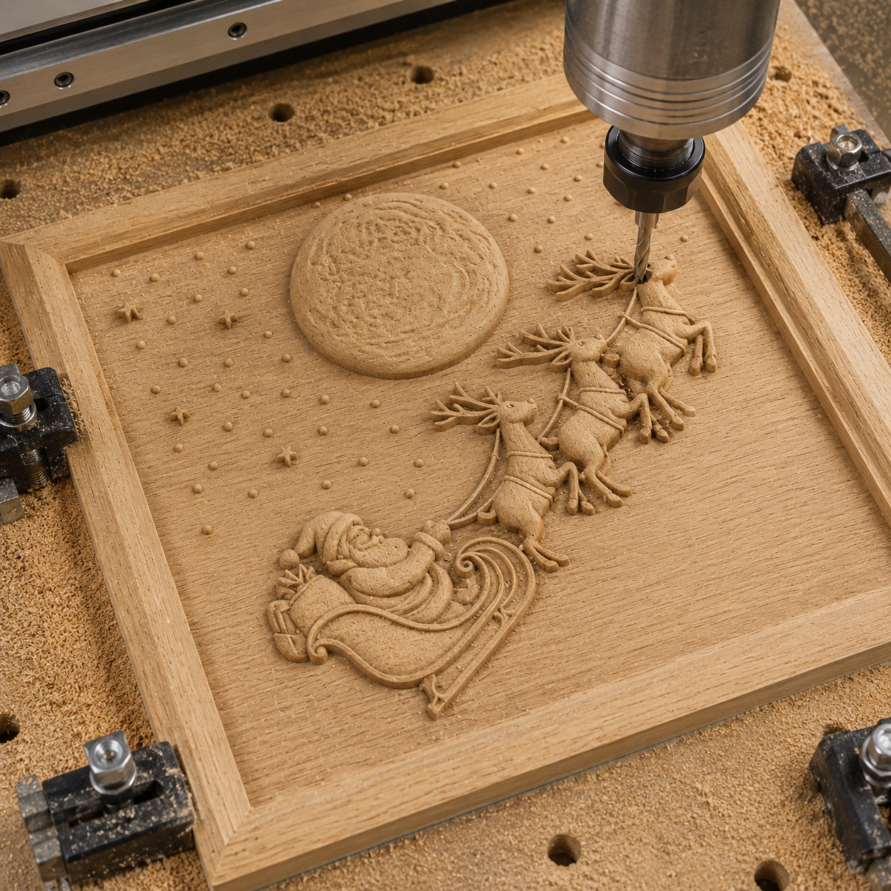 A CNC relief carving machine brings the Form Arcade Santa Sleigh Reindeer CNC Relief STL File to life, producing a wooden panel that showcases Santa in his sleigh led by reindeer, with stars and a prominent moon in the background—making it an ideal centerpiece for Christmas woodworking projects using this festive wall art design.