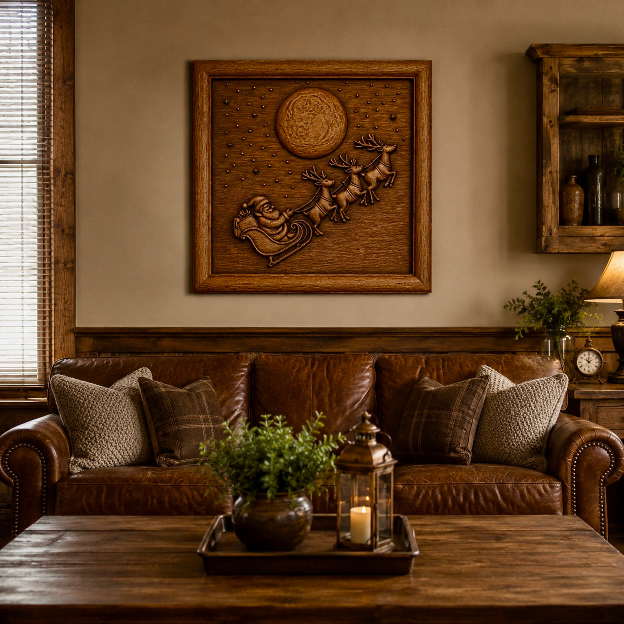 Cozy living room with a brown leather sofa, plaid pillows, and a wooden coffee table topped with a plant and lantern. Above the sofa, Santa’s sleigh with reindeer—created from the Santa Sleigh Reindeer CNC Relief STL File by Form Arcade—adds festive charm to the wall. Warm lighting and rustic decor throughout make this space perfect for woodworking enthusiasts or anyone seeking unique Christmas CNC wall art.