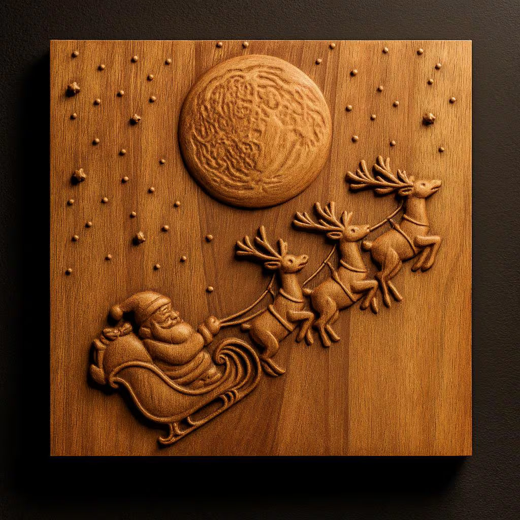 The "Santa Sleigh Reindeer CNC Relief STL File | Christmas CNC Wall Art" by Form Arcade features a detailed design of Santa riding in his sleigh pulled by three reindeer, soaring beneath a full moon and twinkling stars on a square panel with a dark background. This distinctive digital file is ideal for your woodworking or CNC relief carving projects, offering festive holiday inspiration.