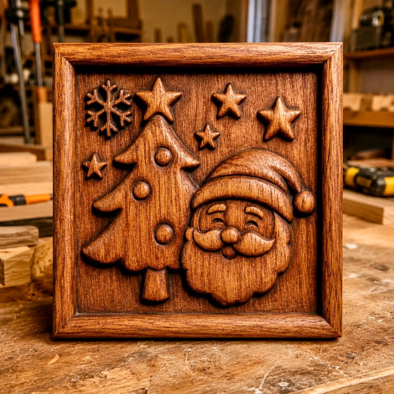 The "Santa Tree & Stars Portrait CNC Relief STL File | Christmas CNC Wall Art" by Form Arcade showcases a wooden carving with raised, detailed designs of Santa Claus, a Christmas tree, snowflake, and stars. Framed in wood and displayed on a workbench in a workshop setting, this piece is ideal for woodworking projects.