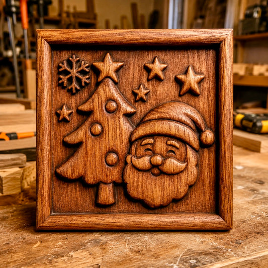 The "Santa Tree & Stars Portrait CNC Relief STL File | Christmas CNC Wall Art" by Form Arcade showcases a wooden carving with raised, detailed designs of Santa Claus, a Christmas tree, snowflake, and stars. Framed in wood and displayed on a workbench in a workshop setting, this piece is ideal for woodworking projects.
