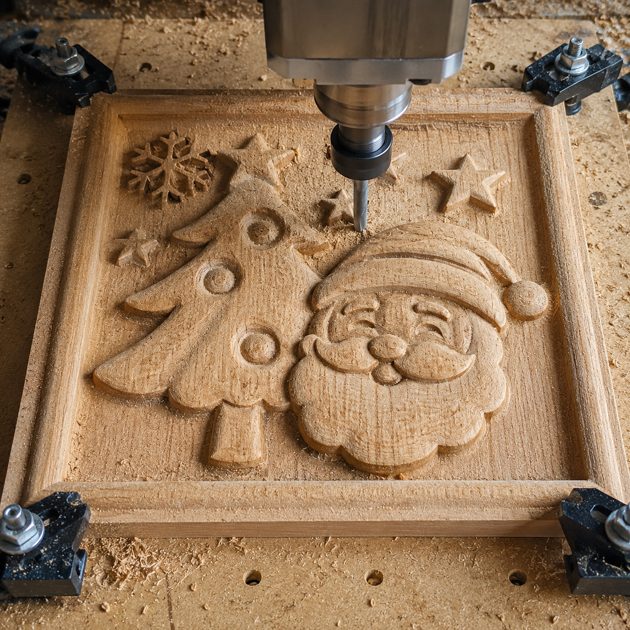 A CNC machine carves a wooden plaque using the "Santa Tree & Stars Portrait CNC Relief STL File | Christmas CNC Wall Art" by Form Arcade, featuring a relief of Santa Claus alongside a Christmas tree, snowflake, and stars. The plaque is secured with metal clamps, with wood shavings visible around the edges.