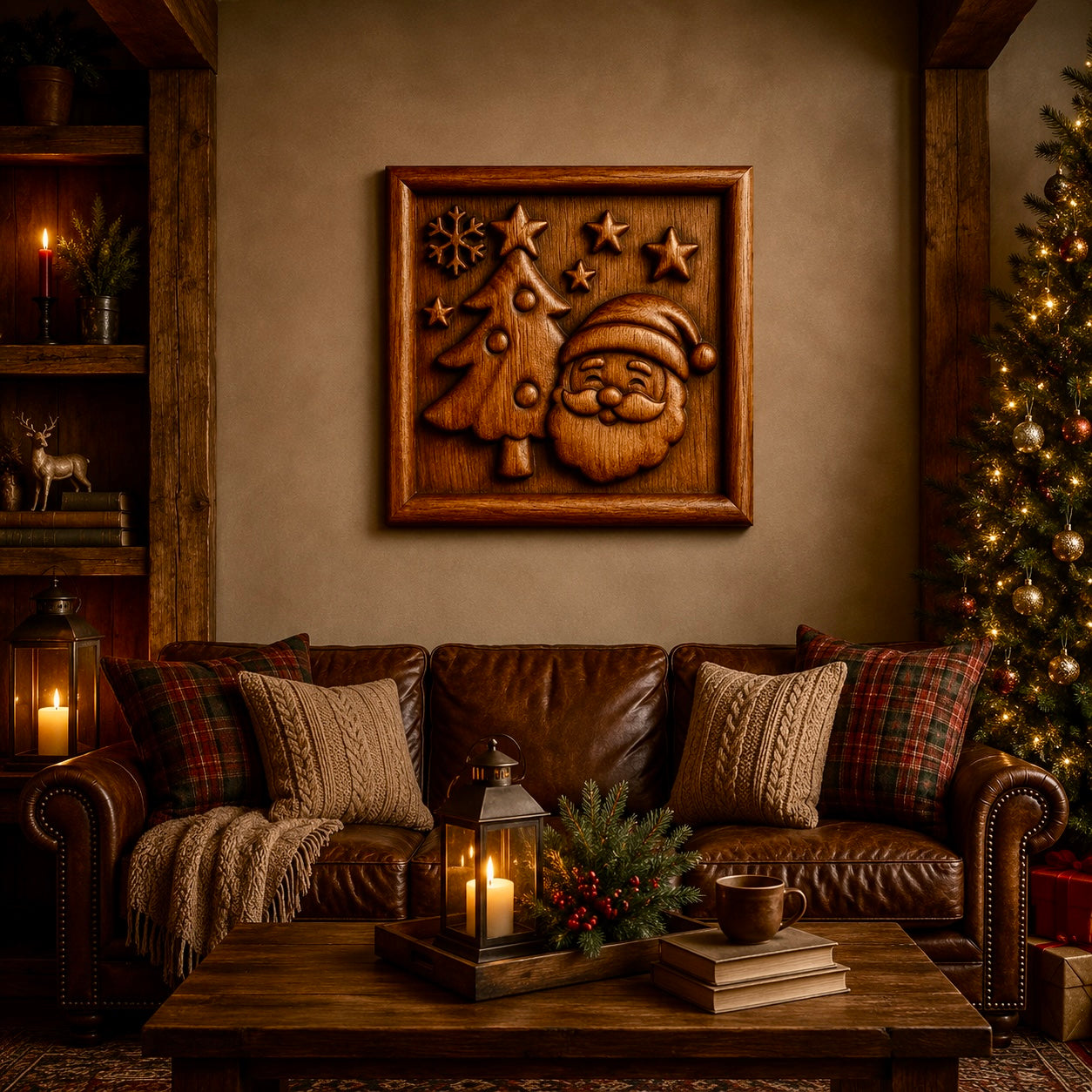 A cozy living room is decorated for Christmas with a leather sofa, plaid pillows, a glowing Christmas tree, flickering candles, and festive wooden wall art made using the Santa Tree & Stars Portrait CNC Relief STL File by Form Arcade. Warm, cheerful lighting fills the space, creating the ideal setting for holiday woodworking projects.