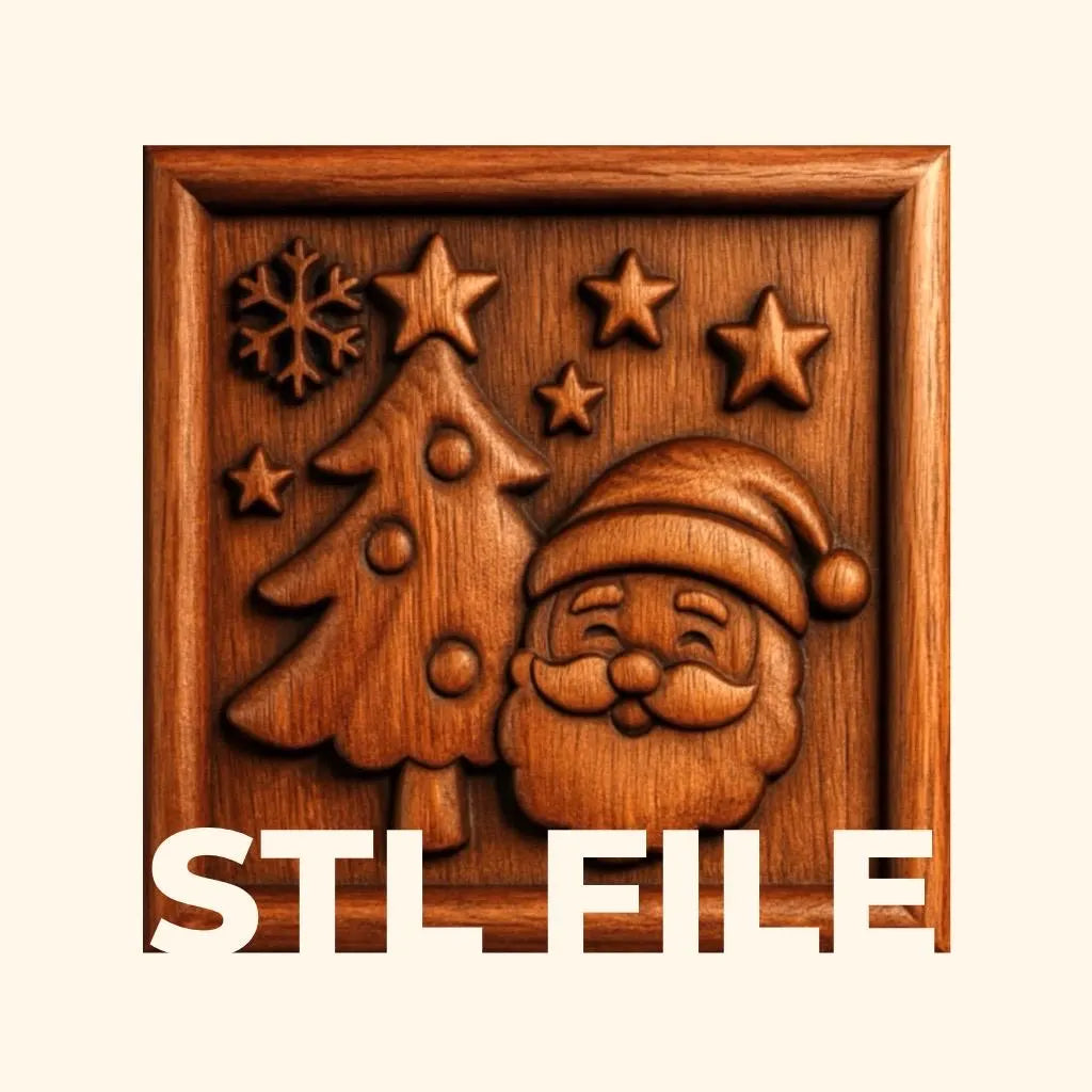 A wooden relief showcases the Santa Tree & Stars Portrait CNC Relief STL File | Christmas CNC Wall Art by Form Arcade, featuring Santa Claus with a Christmas tree, stars, and a snowflake; "STL File for Woodworking" is boldly displayed in white letters at the bottom.