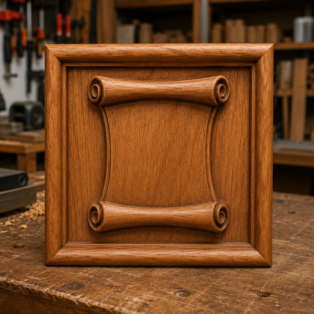 Displayed upright on a workbench in a woodworking shop—surrounded by tools and shelves—the "Scroll Frame CNC Relief STL File | Decorative CNC Wall Art" by Form Arcade showcases the intricate detail achievable with relief carving. This standout digital design highlights the ornate scrollwork possible through CNC woodworking projects.