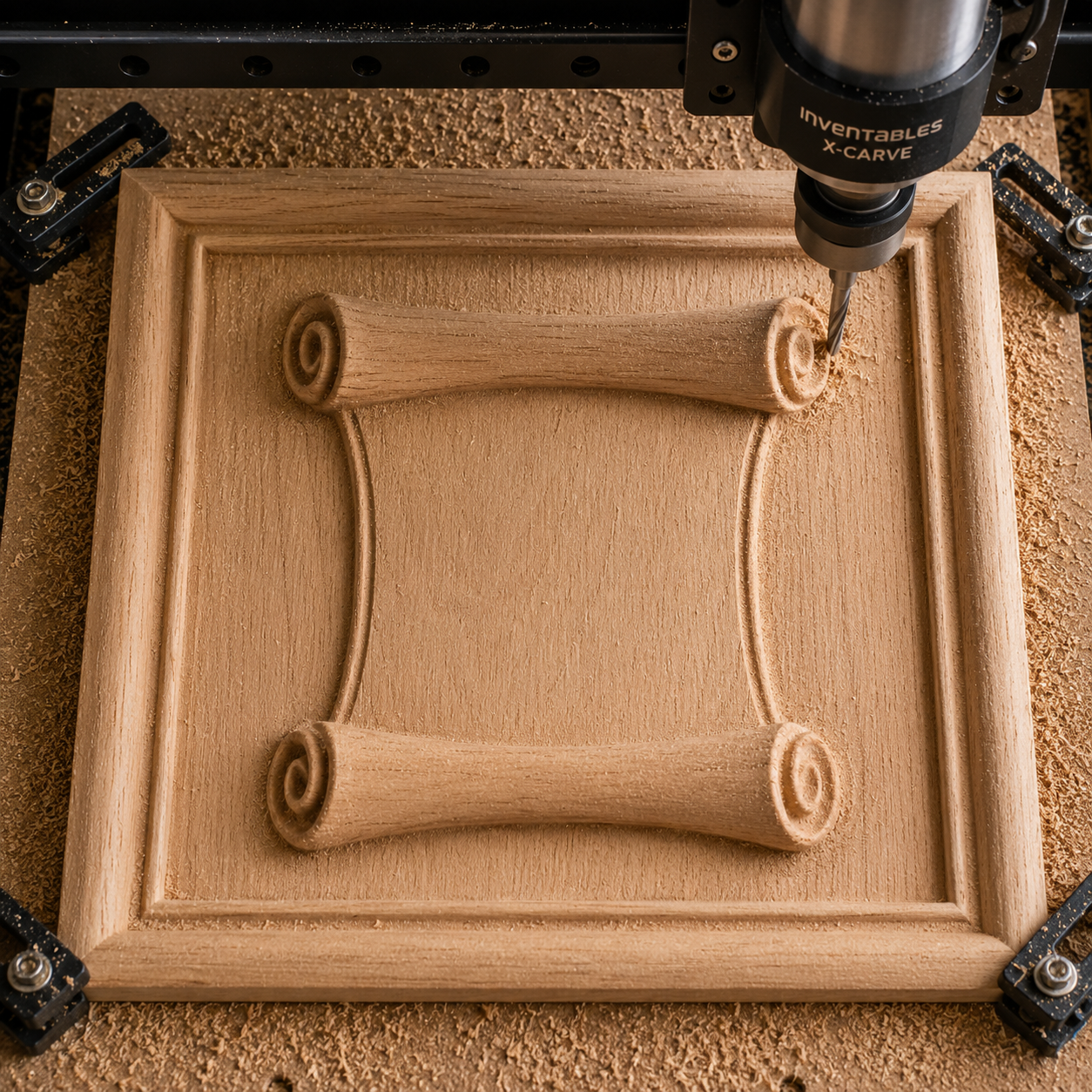 A CNC machine carves a wooden board secured by metal clamps, forming an elegant relief with four scroll-like corners as sawdust collects around the workspace—a perfect scene for woodworking enthusiasts or anyone seeking inspiration from the "Scroll Frame CNC Relief STL File | Decorative CNC Wall Art" by Form Arcade.