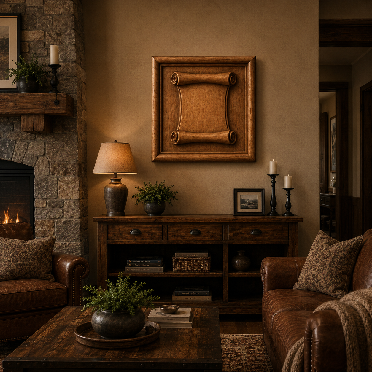 A cozy living room with brown leather sofas, a stone fireplace, wooden furniture, potted plants, books, candles, warm ambient lighting, and a Scroll Frame CNC Relief art piece by Form Arcade displayed on the wall.