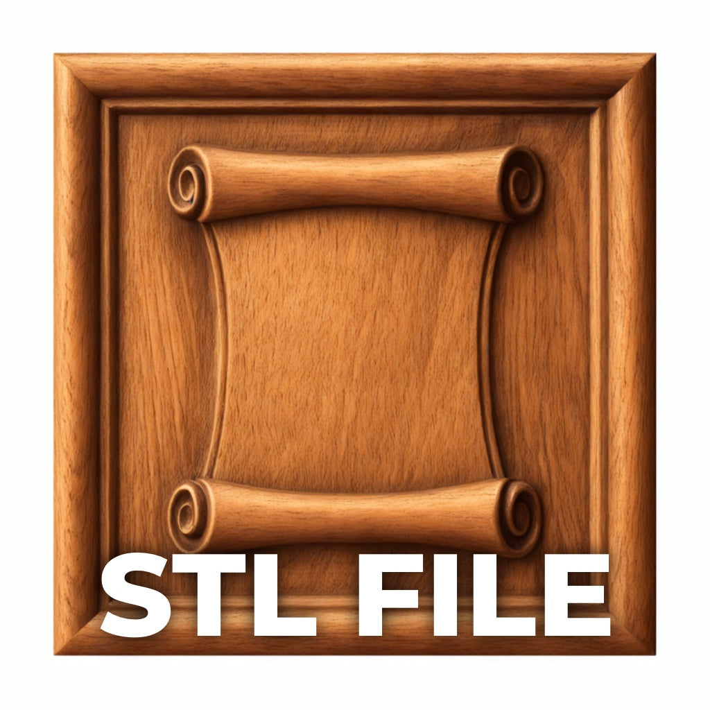 The Scroll Frame CNC Relief STL File by Form Arcade is a decorative wooden square plaque with an ornate raised scroll design, ideal for CNC carving or wall art projects, and features “STL FILE” in bold white letters at the bottom.