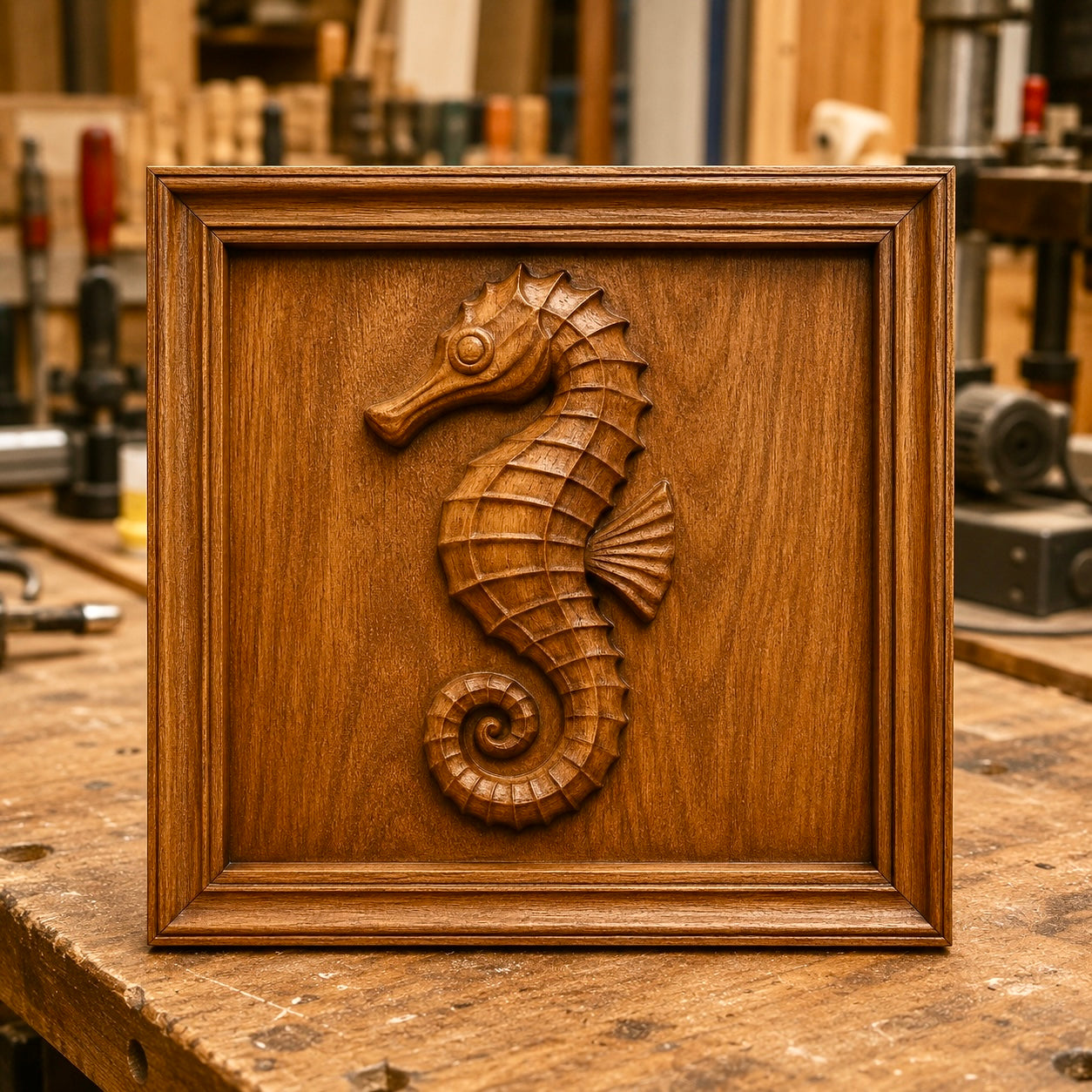 A Seahorse CNC Relief STL File by Form Arcade, designed for ocean-inspired wall art, is displayed on a workbench in a woodworking shop within a square frame, surrounded by tools and materials—showcasing a unique CNC relief carving perfect for woodworking projects.