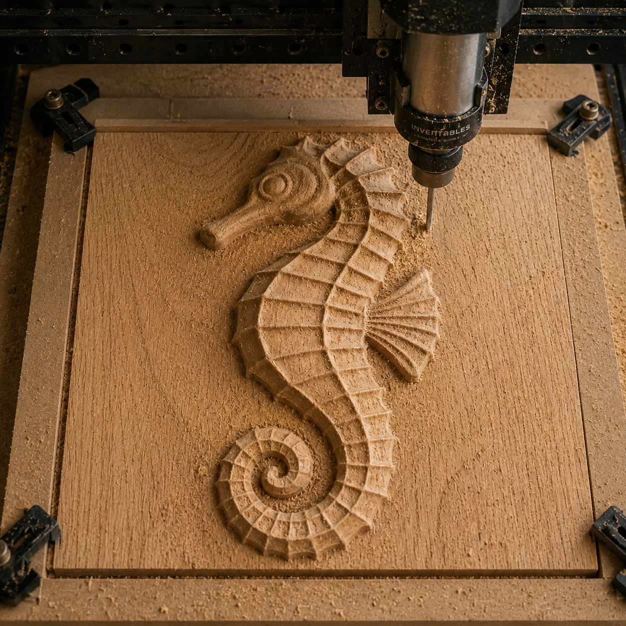 A CNC machine carves a detailed seahorse design into a square wooden board, demonstrating impressive CNC relief carving. Surrounded by wood shavings and secured with metal clamps, this scene highlights the potential of the Seahorse CNC Relief STL File | Ocean CNC Wall Art by Form Arcade—an inspiring choice for woodworking projects.