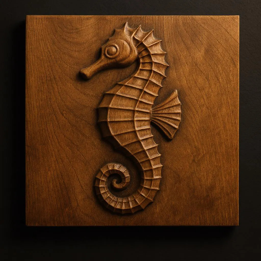 A detailed seahorse carving is elegantly centered on a square, dark wood panel against a black background, beautifully highlighting the precision of CNC relief work made possible with the "Seahorse CNC Relief STL File | Ocean CNC Wall Art" by Form Arcade—an inspiring digital design for woodworking projects.