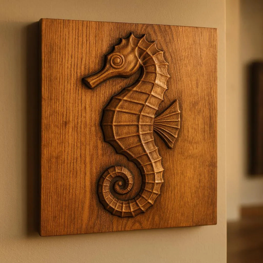 Form Arcade’s Seahorse CNC Relief STL File | Ocean CNC Wall Art is a detailed, carved wooden panel featuring a seahorse in relief, designed for CNC carving and ideal for mounting on the wall with a warm, natural finish.
