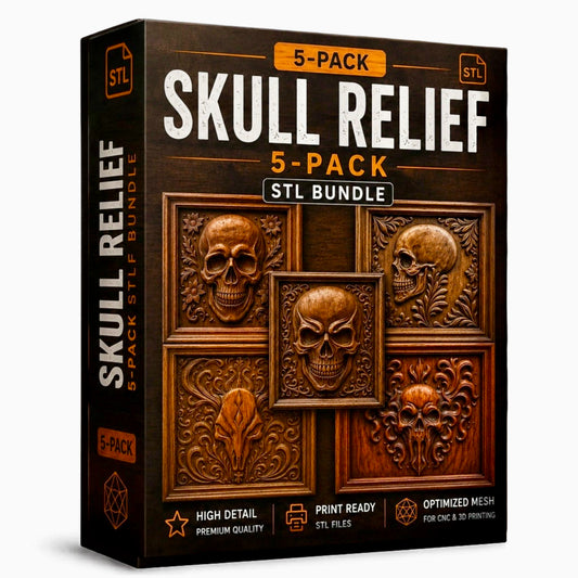 A box labeled Skull Relief 5-Pack CNC STL Bundle | Gothic CNC Wall Art by Form Arcade showcases five intricately designed 3D skull reliefs on the front, perfect for CNC relief carving and woodworking projects. Icons highlight the high level of detail, print-ready STL files, and full compatibility with both CNC machines and 3D printers, making it an excellent choice for anyone seeking unique Skull Coin-themed CNC STL designs.