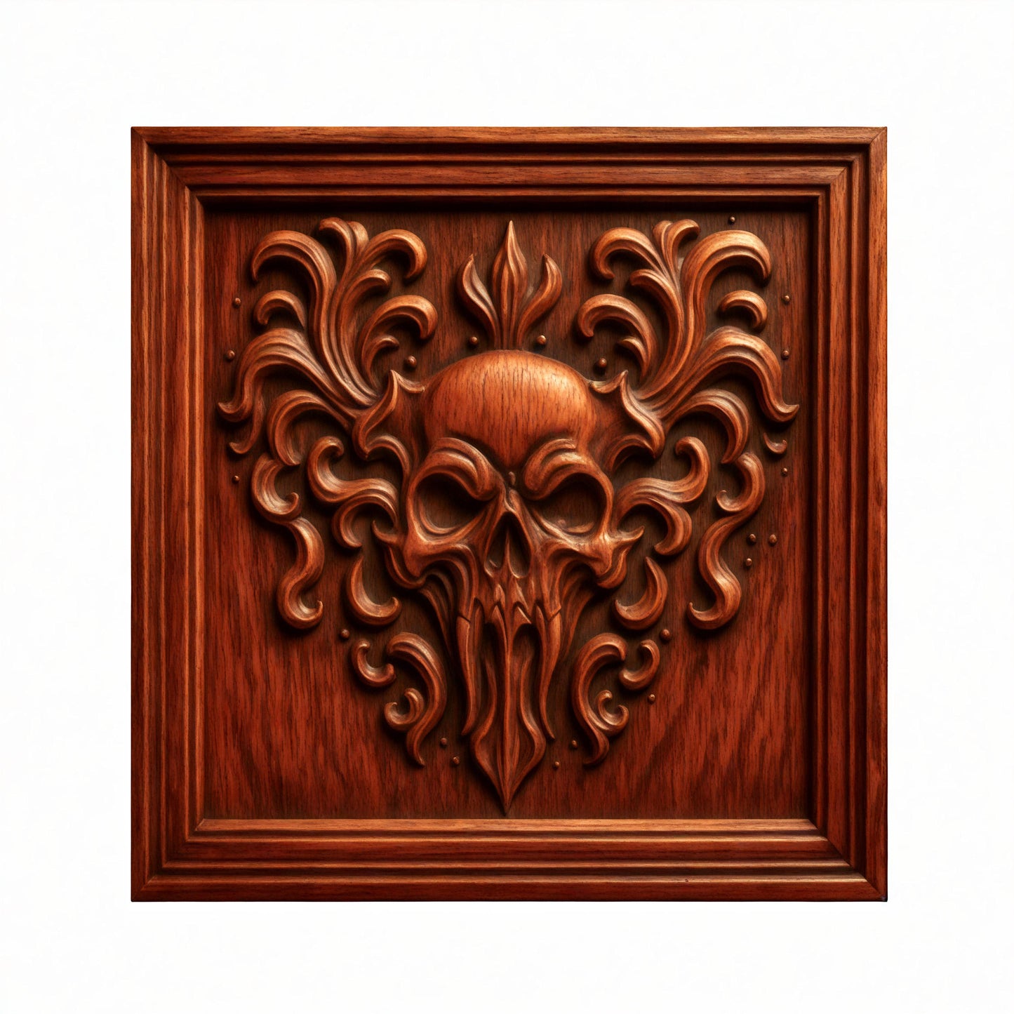 The “Skull Relief 5-Pack CNC STL Bundle | Gothic CNC Wall Art” by Form Arcade features intricately carved wooden panels with ornate, stylized skulls surrounded by swirling decorative patterns, all presented in a rectangular frame against a white background. This unique bundle showcases exquisite relief carving and is ideal for woodworking projects.