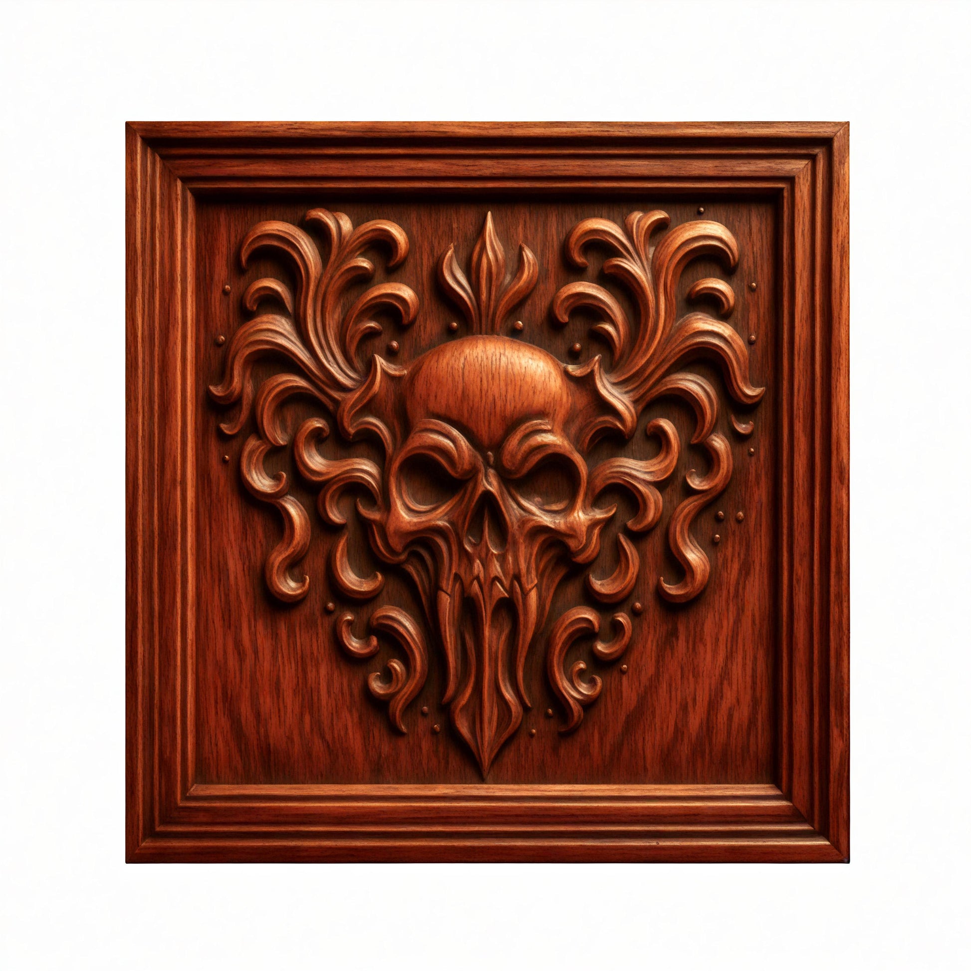 The “Skull Relief 5-Pack CNC STL Bundle | Gothic CNC Wall Art” by Form Arcade features intricately carved wooden panels with ornate, stylized skulls surrounded by swirling decorative patterns, all presented in a rectangular frame against a white background. This unique bundle showcases exquisite relief carving and is ideal for woodworking projects.