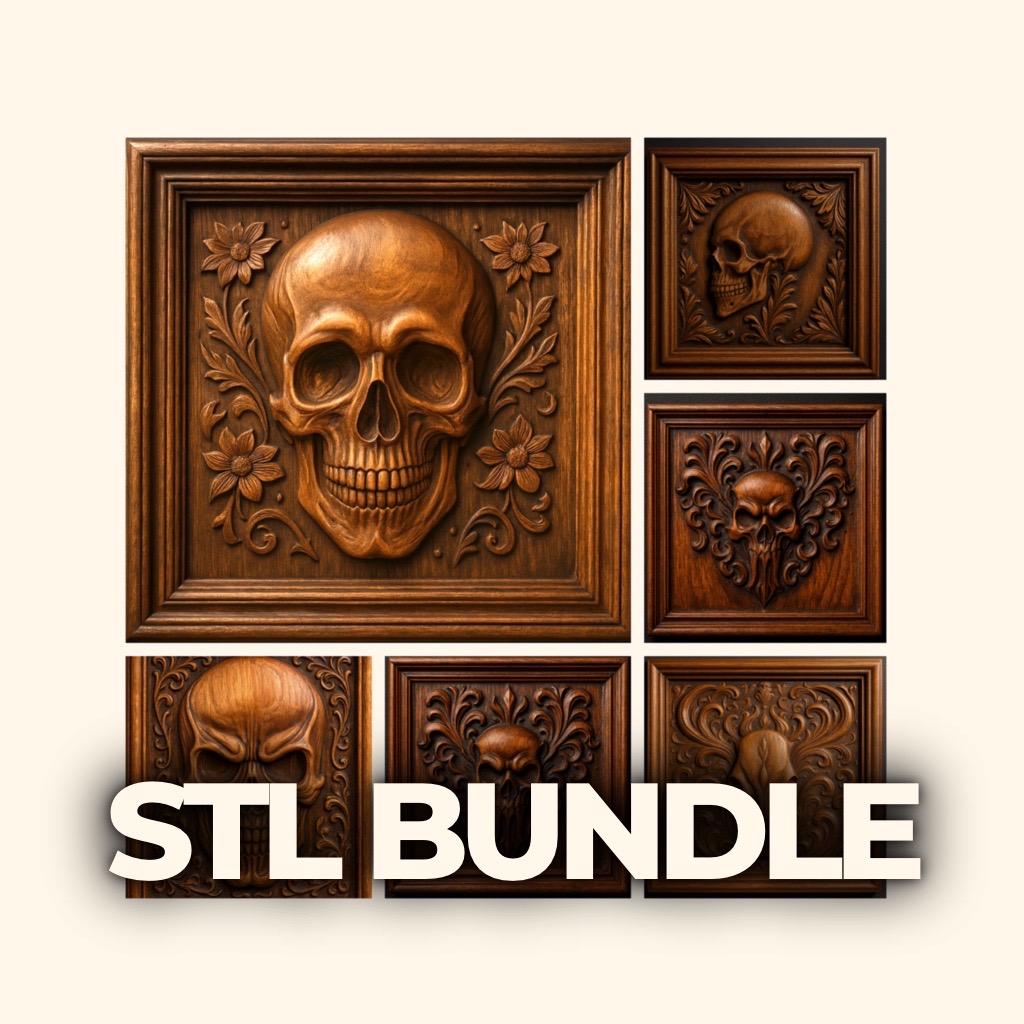 Transform your woodworking projects with the Skull Relief 5-Pack CNC STL Bundle | Gothic CNC Wall Art by Form Arcade—beautifully carved wooden panels featuring skull motifs, ornate floral and decorative detailing, and intricate relief designs. The text “STL BUNDLE” is boldly displayed in white at the bottom center.