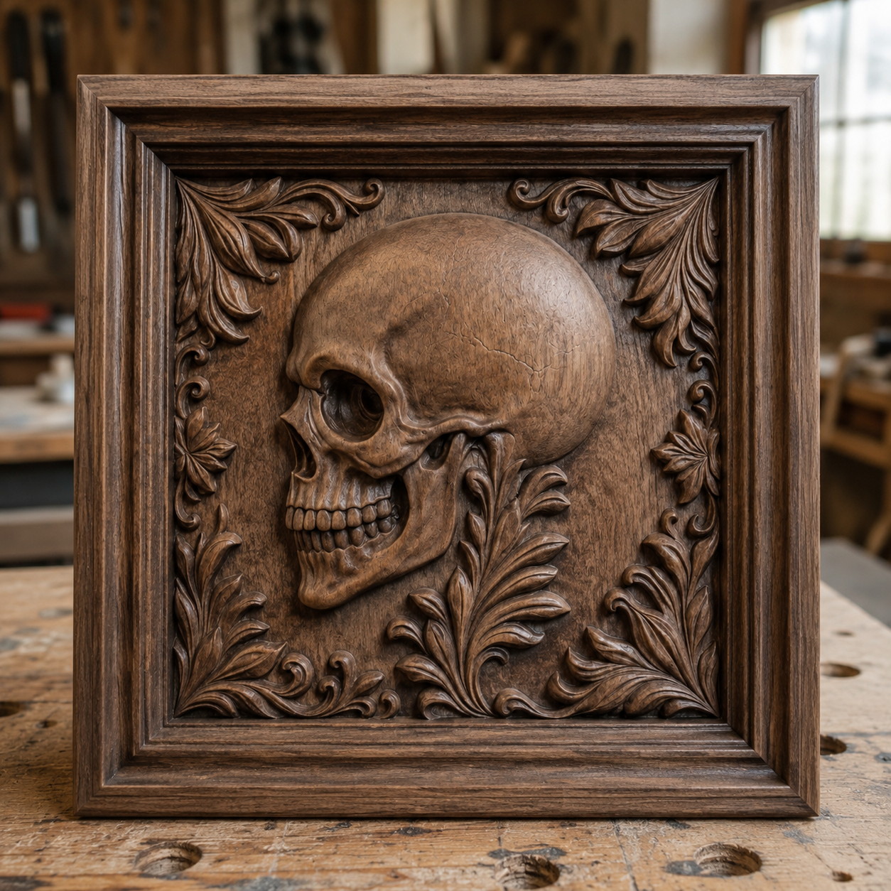 An inspiring example for CNC relief carving and woodworking projects, the Skull Relief 5-Pack CNC STL Bundle by Form Arcade features detailed wooden carvings of human skulls surrounded by ornate leaves and decorative borders—perfect for creating gothic CNC wall art and displayed beautifully on a wooden workbench in a workshop setting.