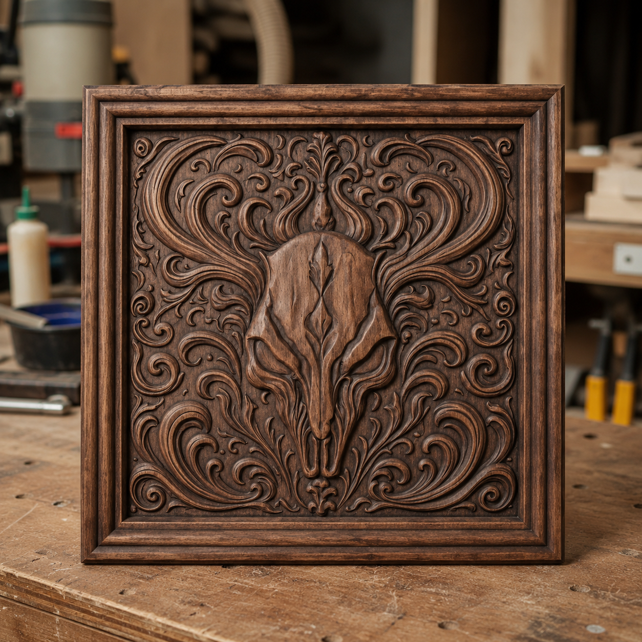 The Skull Relief 5-Pack CNC STL Bundle by Form Arcade features ornate, swirling patterns that frame detailed animal skulls at the center of each design. Crafted for use as gothic CNC wall art, these relief carvings make inspiring centerpieces for woodworking projects and can be a standout addition to your workshop décor.