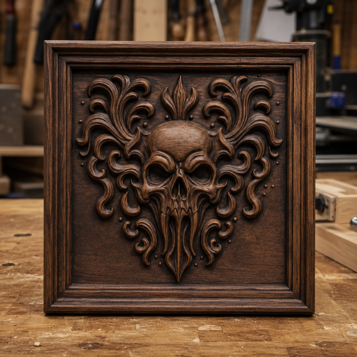 A dark wooden panel, crafted using the Skull Relief 5-Pack CNC STL Bundle | Gothic CNC Wall Art by Form Arcade, showcases an ornate, carved skull with swirling decorative patterns extending from it, displayed on a workbench in a woodshop—an impressive example of CNC relief carving for woodworking projects.