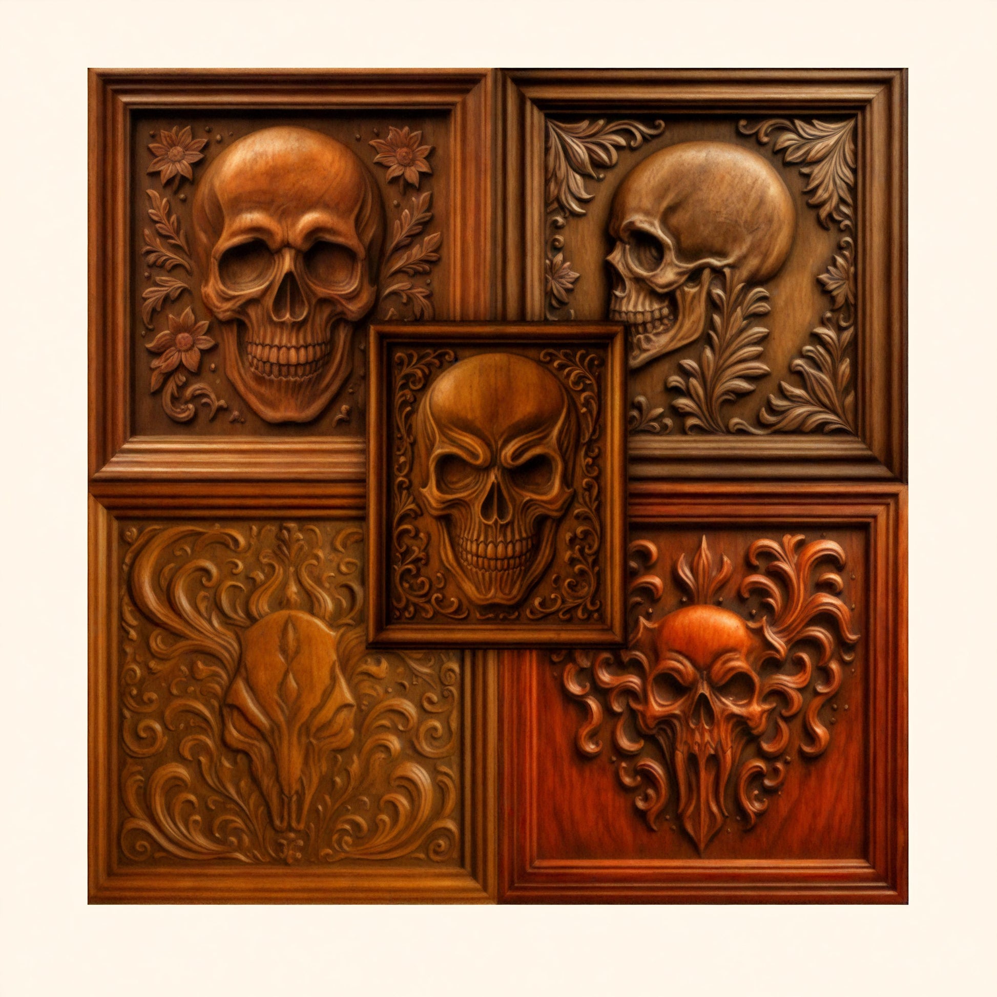 The Skull Relief 5-Pack CNC STL Bundle by Form Arcade features five ornately carved wooden panel designs, each showcasing a unique skull motif with intricate floral and decorative patterns in various wood tones. Perfect for woodworking projects, this Gothic CNC wall art set draws inspiration from the detailed artistry of Skull Coin CNC STL relief carving.