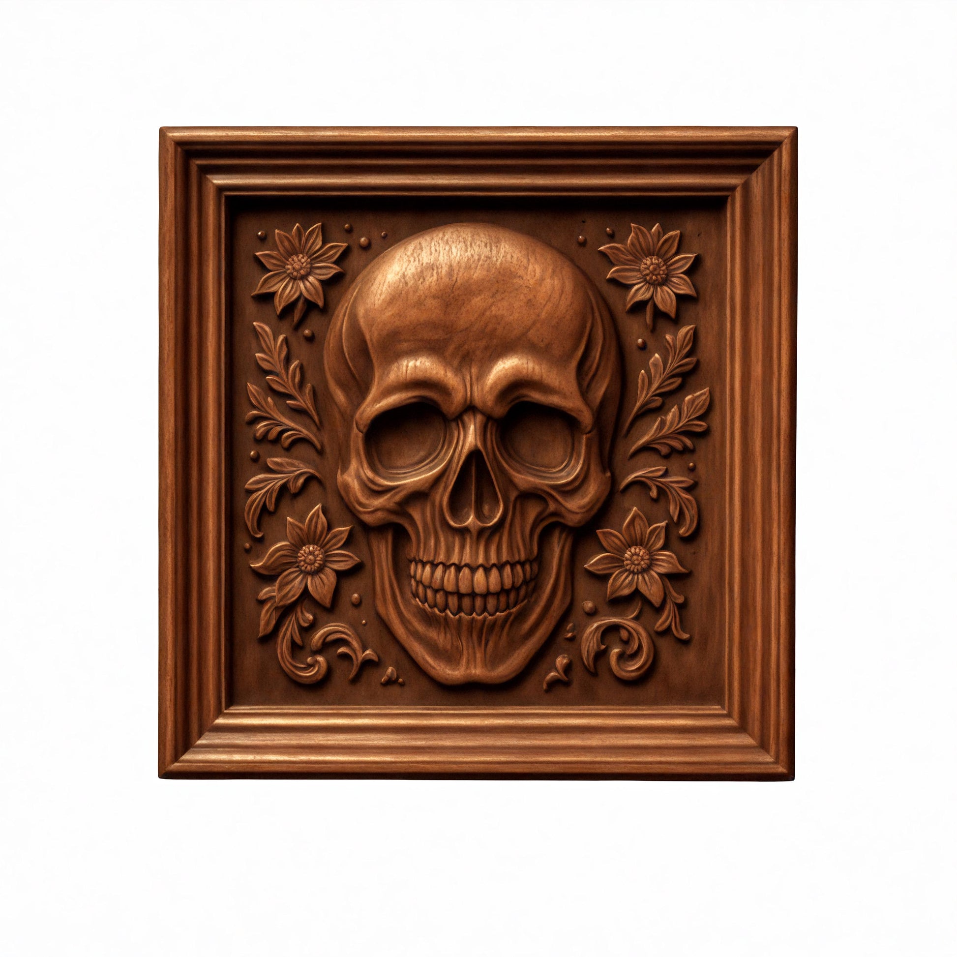 The Skull Relief 5-Pack CNC STL Bundle by Form Arcade features detailed gothic wall art designs with human skulls surrounded by floral patterns, set within square frames on a white background—perfect inspiration for woodworking and relief carving projects.