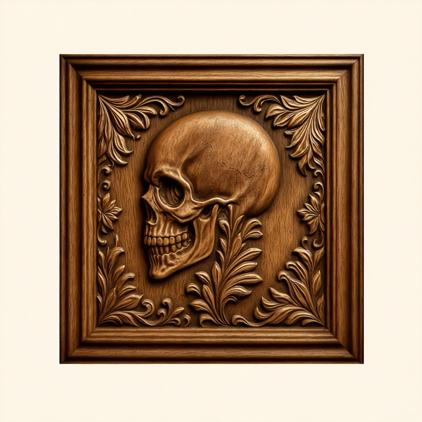 Discover the “Skull Relief 5-Pack CNC STL Bundle | Gothic CNC Wall Art” by Form Arcade—a striking collection featuring detailed wooden relief carvings of skulls in profile, elegantly surrounded by ornate leaf patterns and framed in square borders against a plain light background. This bundle is an inspiring addition to any woodworking project.