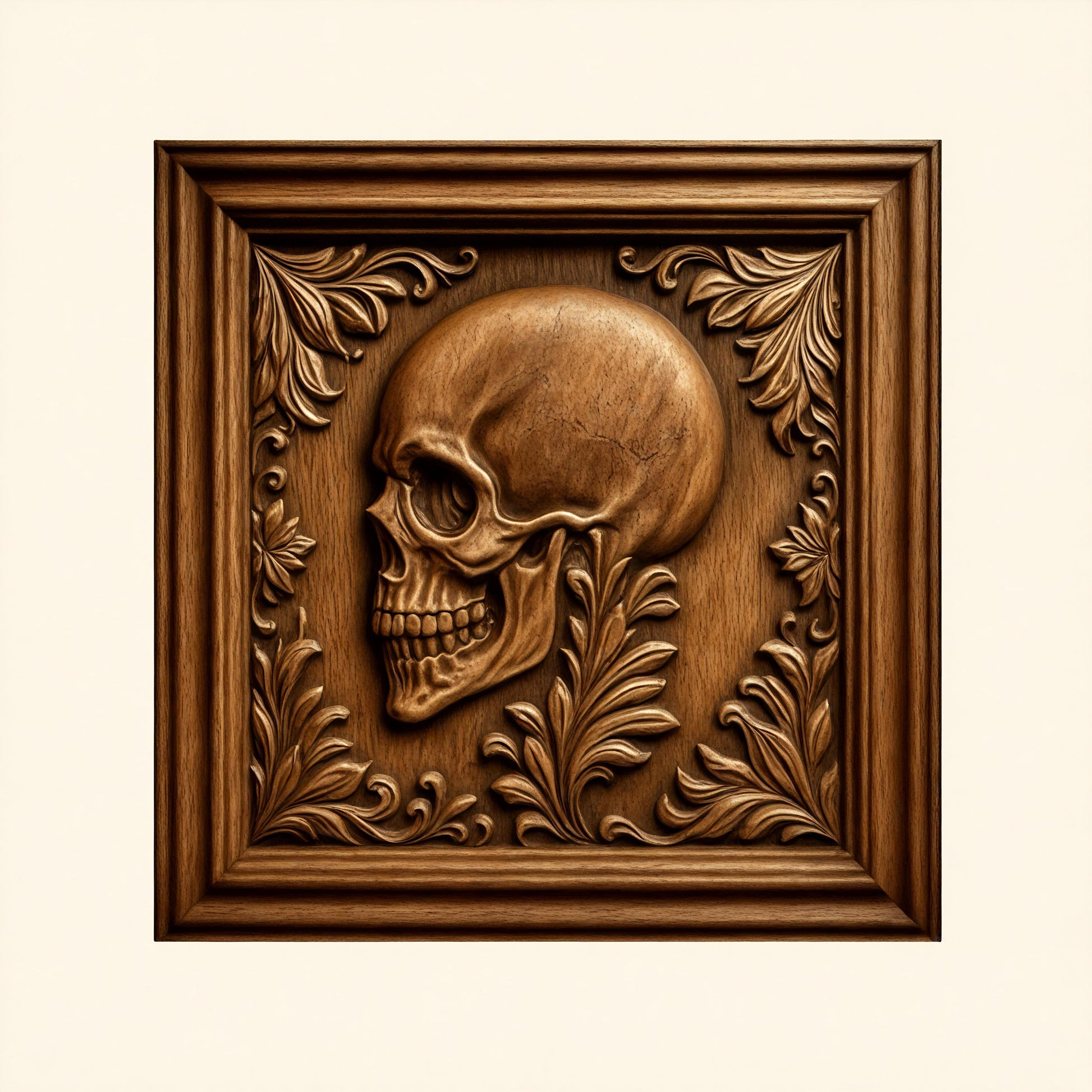 Discover the “Skull Relief 5-Pack CNC STL Bundle | Gothic CNC Wall Art” by Form Arcade—a striking collection featuring detailed wooden relief carvings of skulls in profile, elegantly surrounded by ornate leaf patterns and framed in square borders against a plain light background. This bundle is an inspiring addition to any woodworking project.