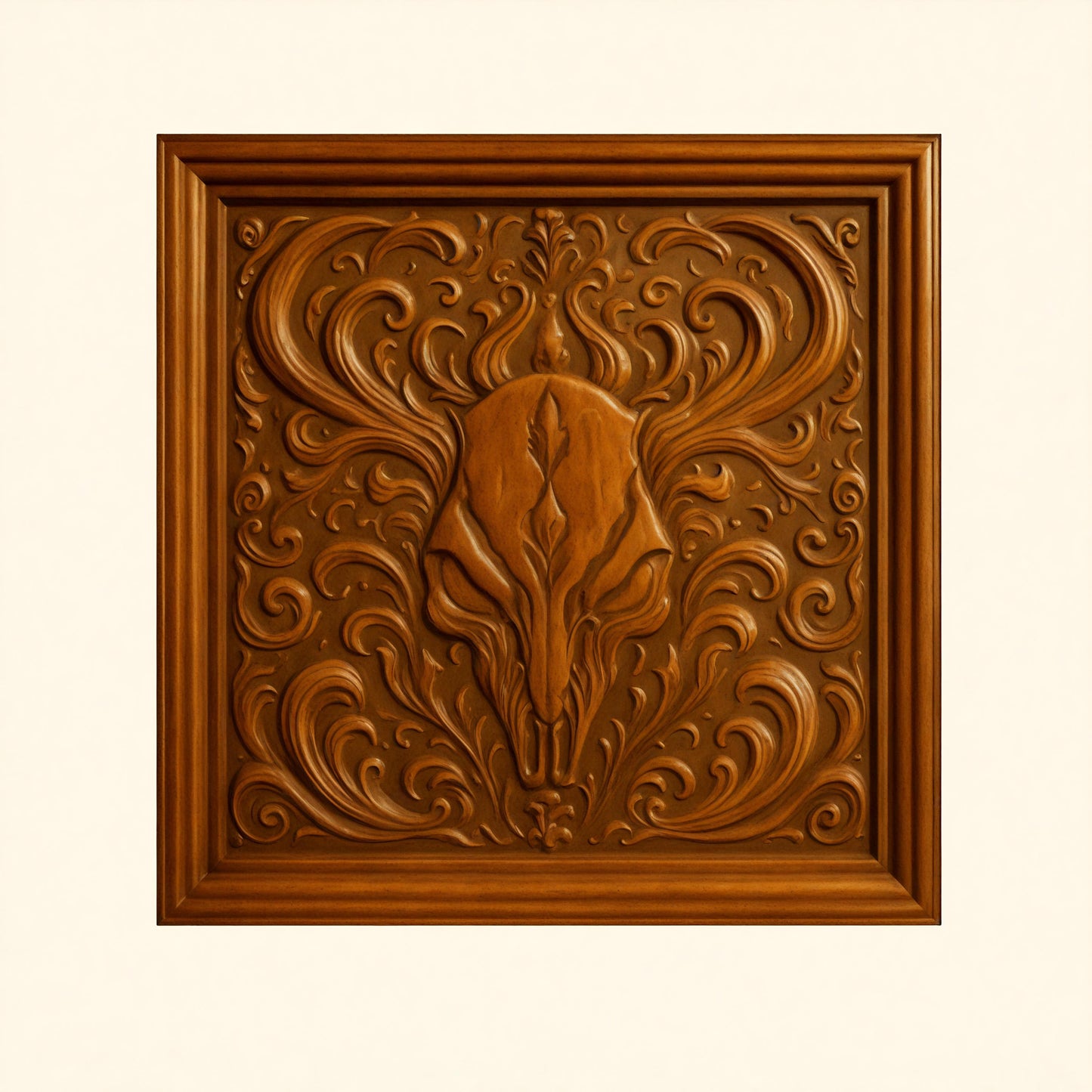 The Skull Relief 5-Pack CNC STL Bundle by Form Arcade features intricately carved gothic wall art designs with central animal skull motifs surrounded by swirling floral patterns, making it perfect for woodworking projects.