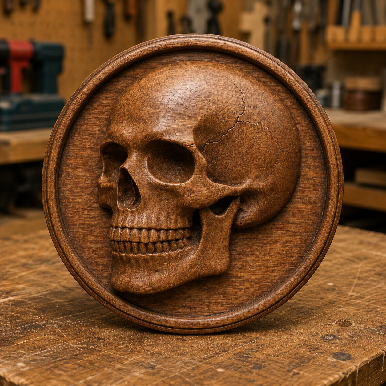 A detailed Skull Medallion Relief from Form Arcade, designed as a CNC wall art piece in a round frame, is displayed on a workbench with woodworking tools and equipment softly blurred in the background. This image showcases the Skull Medallion Relief STL File, perfect for CNC carving enthusiasts.