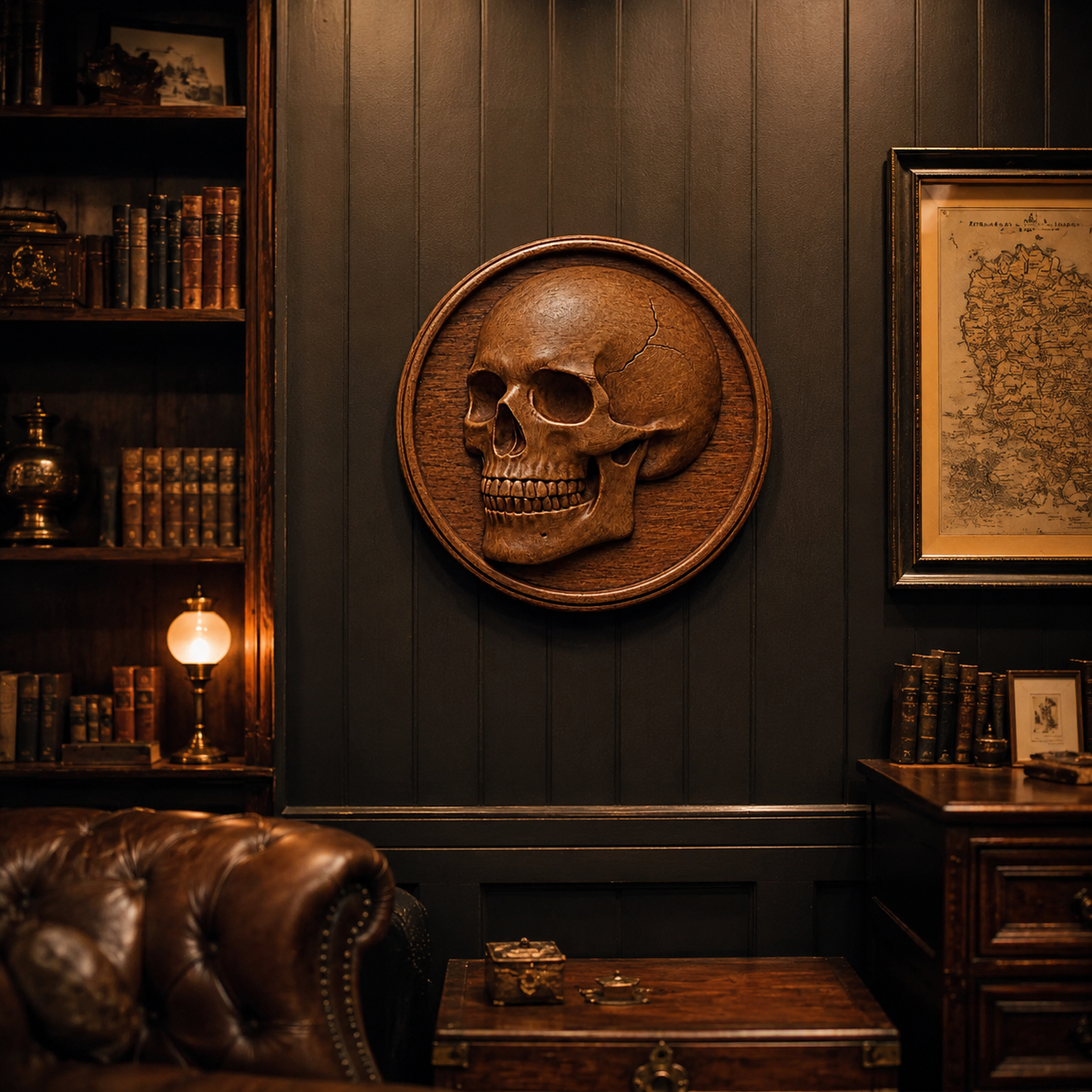 A cozy, vintage study with dark wood, a leather chair, shelves of books, a glowing lamp, and the Skull Medallion Relief STL File CNC Wall Art by Form Arcade mounted on the wall beside an old map.
