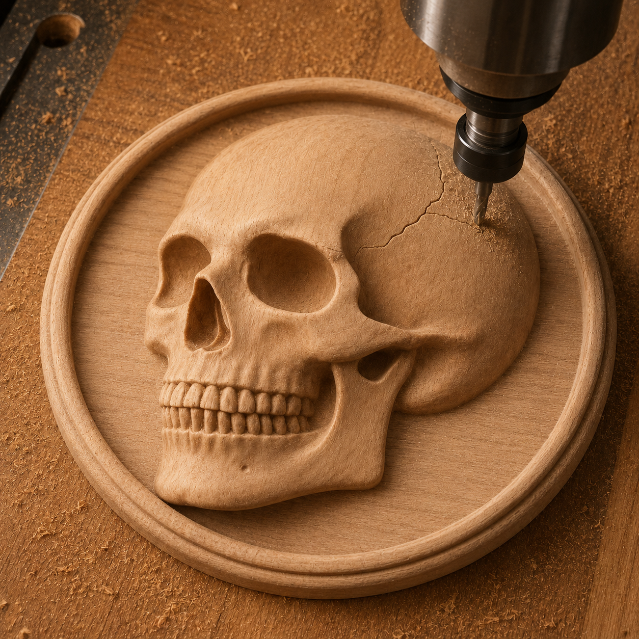 A CNC machine carves a detailed human skull into a round wooden plaque, creating an intricate Skull Medallion Relief in the style of CNC relief carving, using the "Skull Medallion Relief STL File | CNC Wall Art" from Form Arcade, with fine sawdust scattered around the work surface.