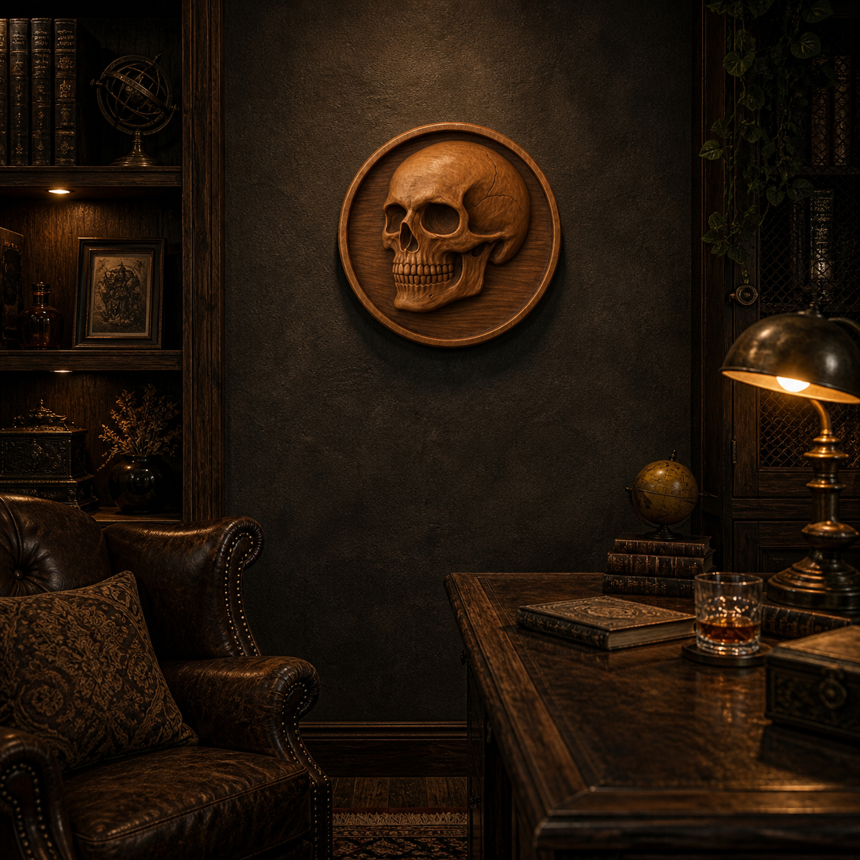 A dimly lit study with dark wood, leather chair, books, and glowing lamp. The Skull Medallion Relief STL File by Form Arcade hangs as CNC wall art, enhancing the scholarly mood with its striking presence.