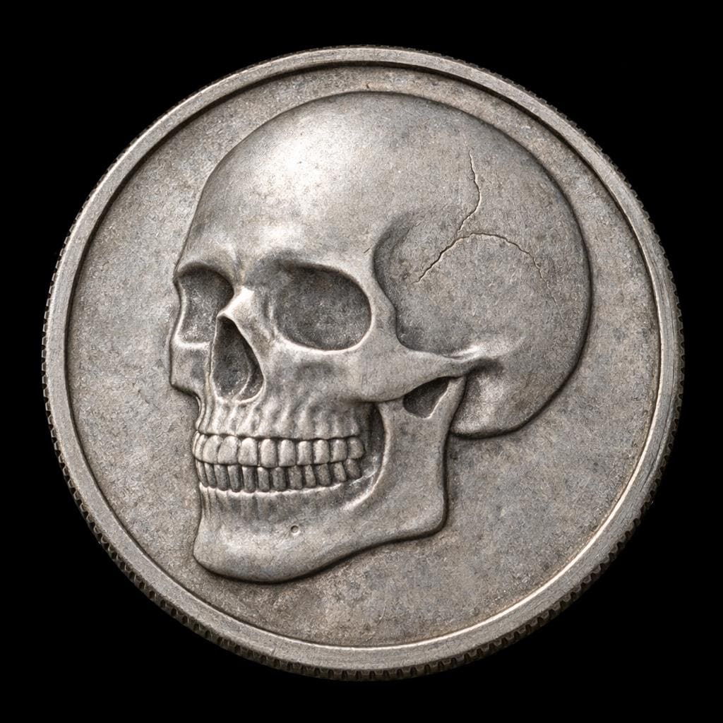 The Skull Medallion Relief STL File by Form Arcade features a detailed bas relief of a human skull in profile with a crack on the upper right cranium, set against a plain background—ideal for CNC wall art projects.