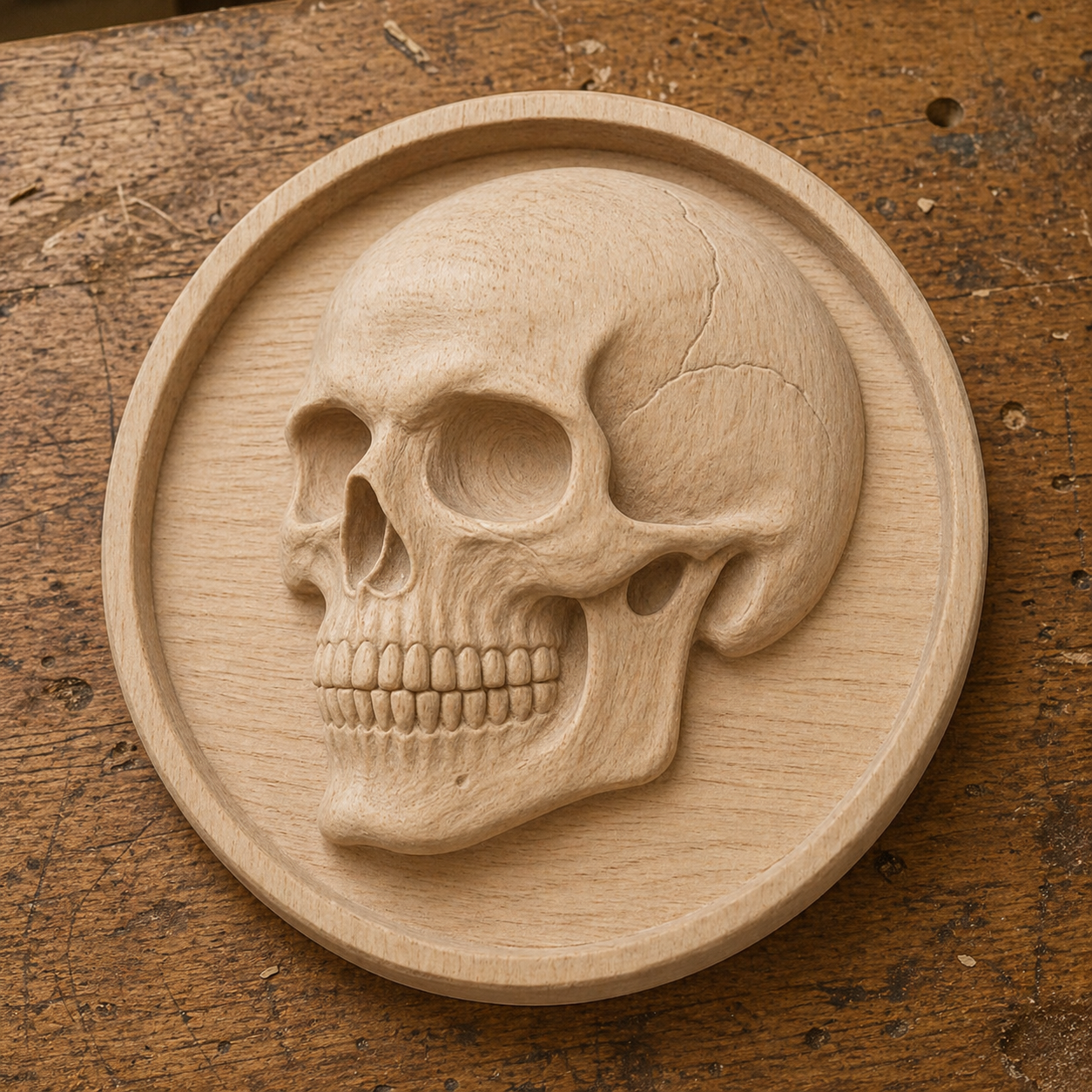 The Skull Medallion Relief STL File by Form Arcade features a detailed human skull design for CNC wall art, perfect for intricate wooden plaques or décor accents.