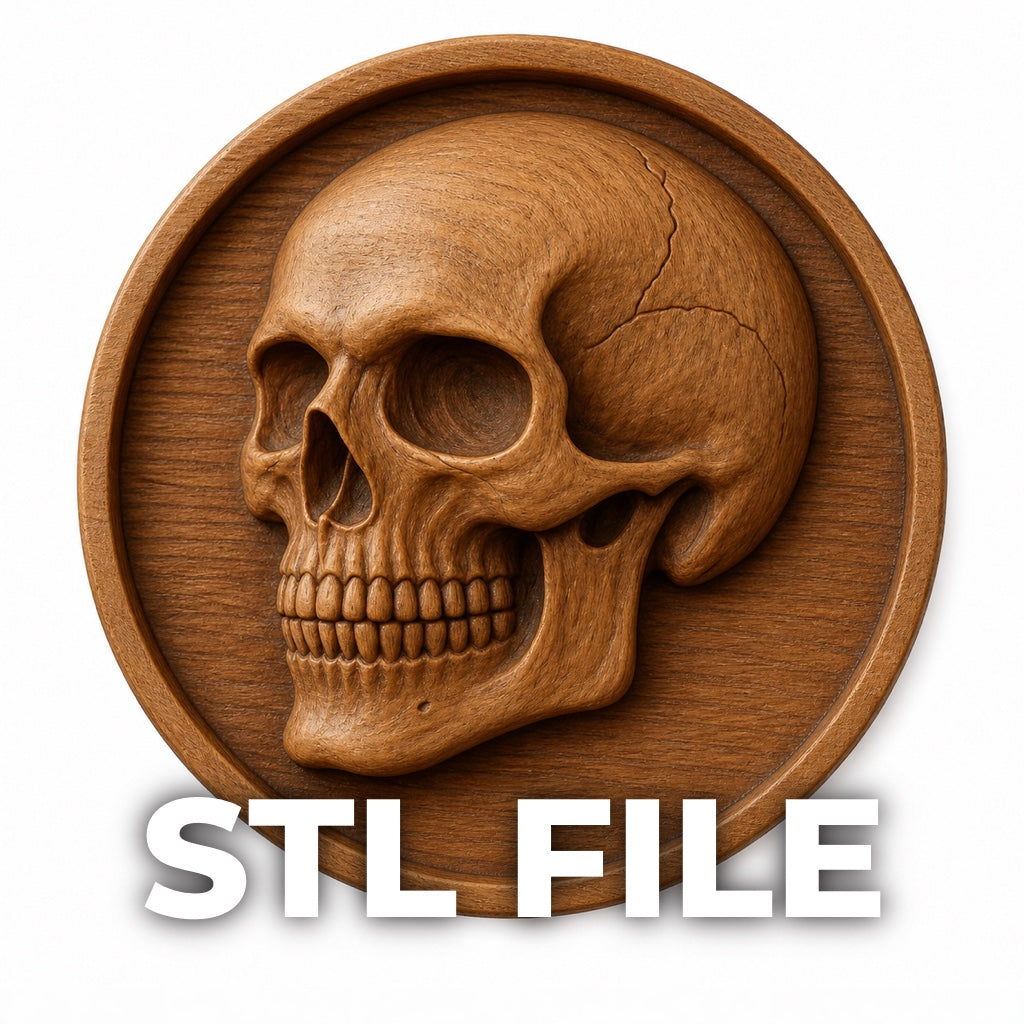 The Skull Medallion Relief STL File by Form Arcade is a round wooden plaque design featuring a skull motif, ideal for CNC wall art or bas relief projects. Includes high-quality STL file for precise carving.